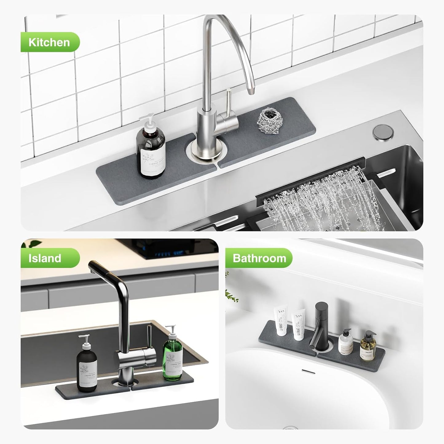Premium Stone Faucet Mat for Kitchen Sink, 30" x 4" White | Quick Drying & Water Absorbent, Sink Splash Guard Tray for Prevents Moisture Buildup