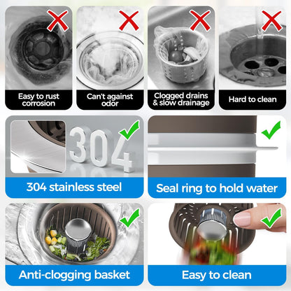 3 in 1 Kitchen Sink Drain Strainer Stopper Removable Basket Pop-Up | Kitchen Sink Food Strainer 1 Pack Silver Stainless - Food Catcher, Odor-Block Seal, Fits 3.5" Drain, Easy Clean