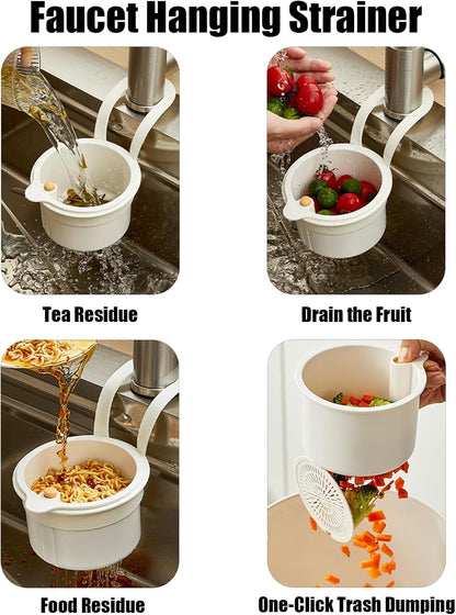 2025 New Faucet Hanging Strainer, Press Automatic Dumping Kitchen Draining Basket, Food Fruit Vegetable Drain Shelf Sink Storage Holder, for Home 、Kitchen (White)