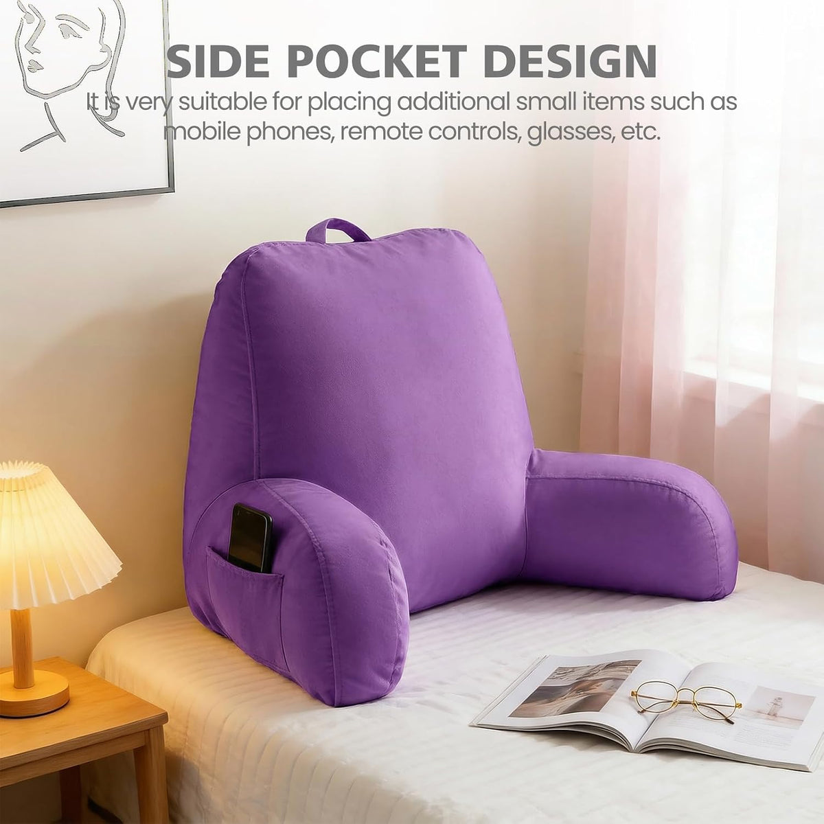 Reading Pillow with Adjustable Memory Foam,Adult Backrest with Arms, Back Pillow for Sitting in Bed with Washable Cover- Large, Gray