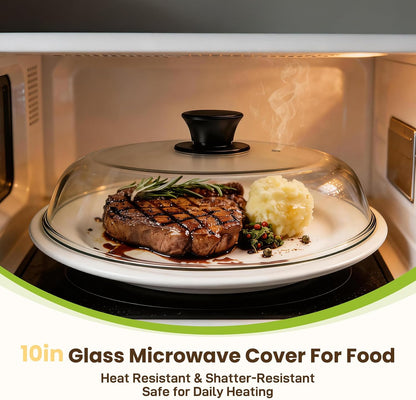 10in Glass Microwave Cover For Food, Glass Microwave Splatter Cover | Heat Resistant Tempered Glass Splatter Guard, Vented Universal Microwave Plate Cover, Dishwasher Safe