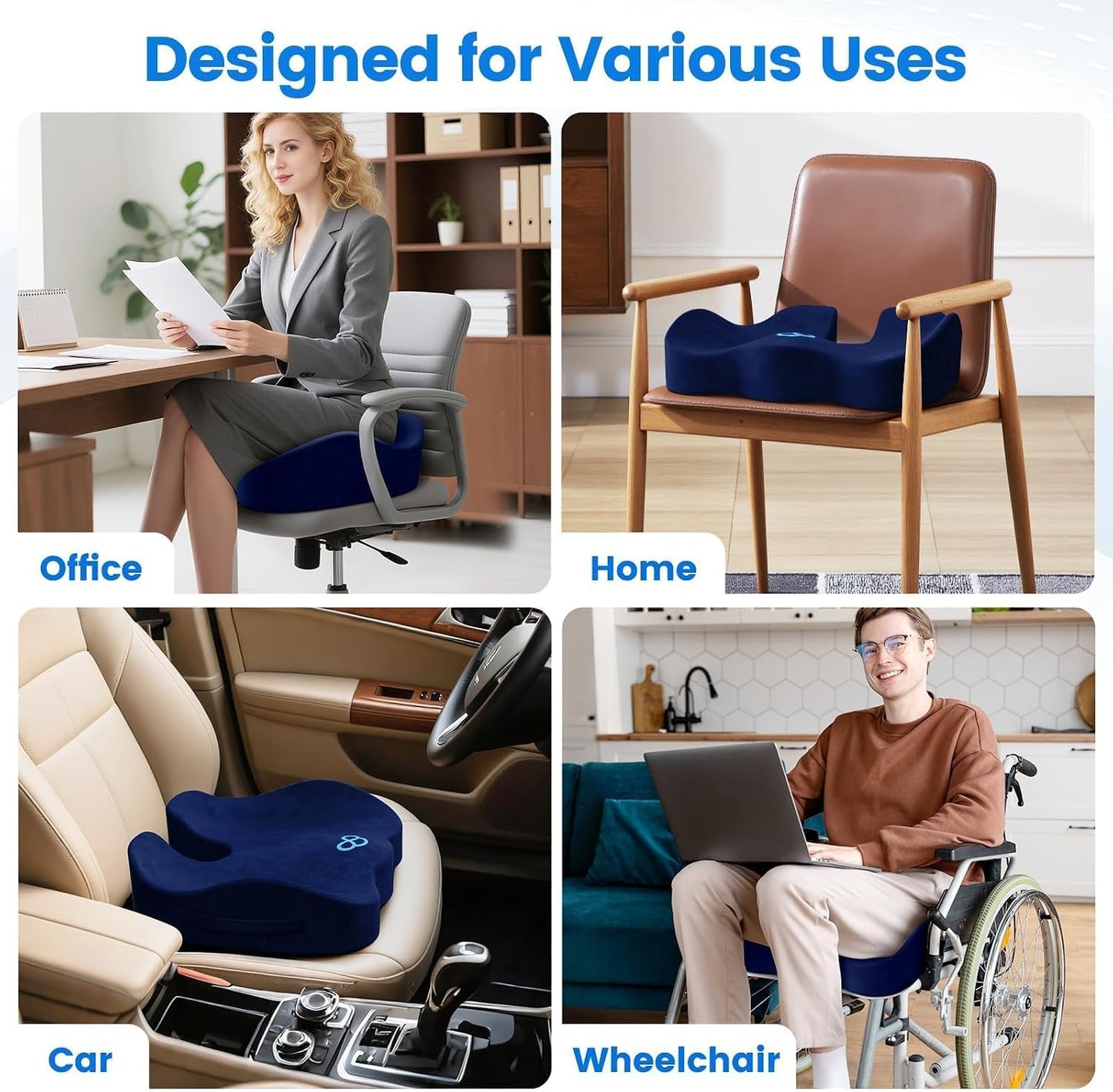 Seat Cushion, Non-Slip Memory Foam Chair Cushion for Taibone, Black/Large | Chair Pillow with Handles for Car Office Chair, Tailbone/Sciatica Easing& Post-Surgery Recovery Chair Cushion