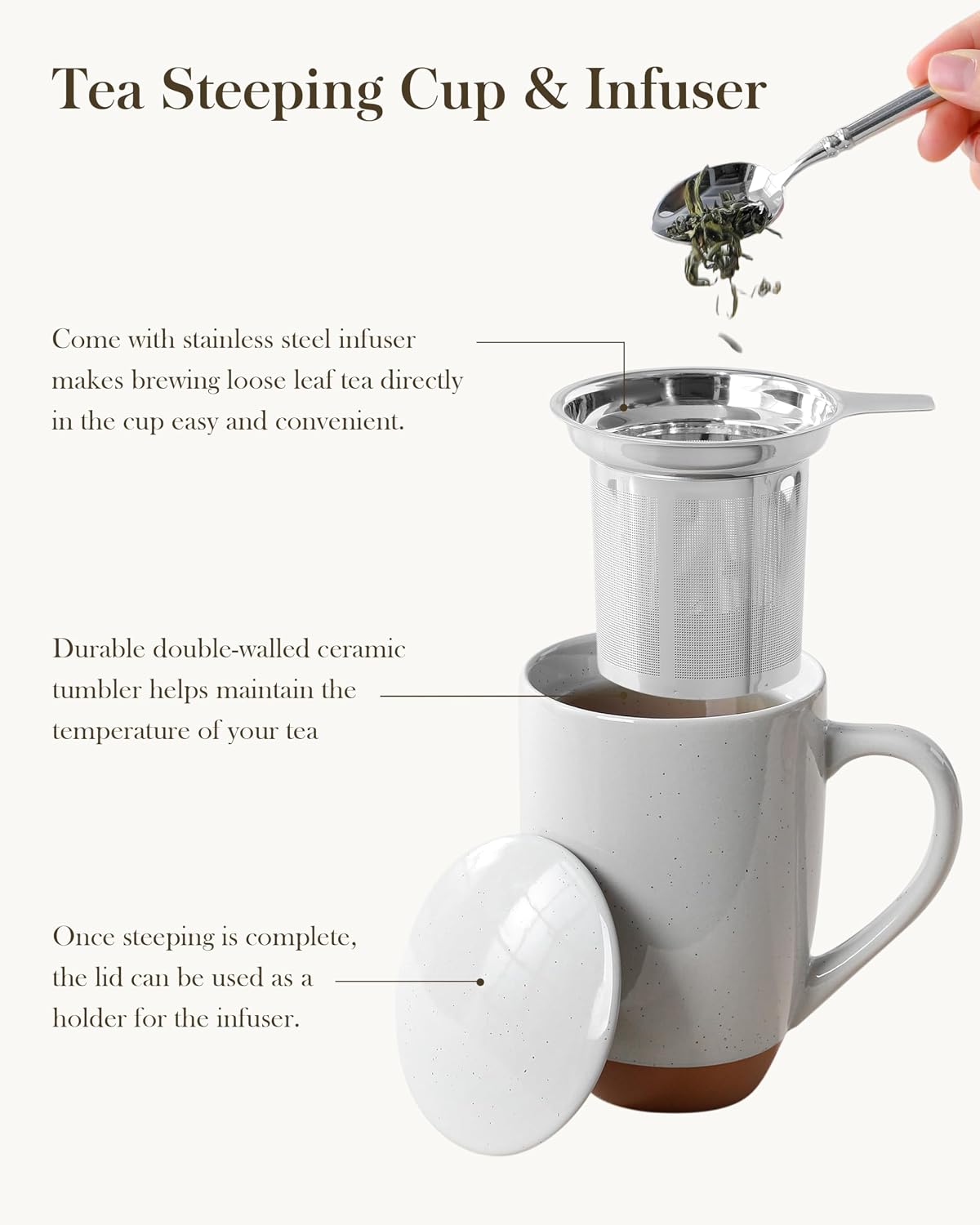 MALACASA Ceramic Tea Mug with Lid and Stainless Steel Infuser, 18 oz Large Tea Cup for Loose Leaf Tea, Heat-Resistant, Microwave & Dishwasher Safe, Speckled Glaze Coffee & Tea Brewer Mug, Khaki Brown