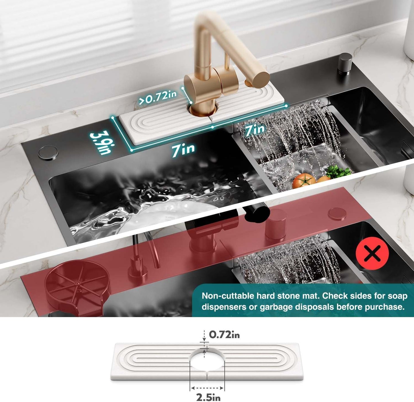 Stone Faucet Mat for Kitchen Sink – Diatomite Drying Stone Mat & Sink Protector, Prevents Moisture – Sink Splash Guard Water-Absorbing Stone Tray for Bathroom Counter (Light Grey, 20" x 3.9")
