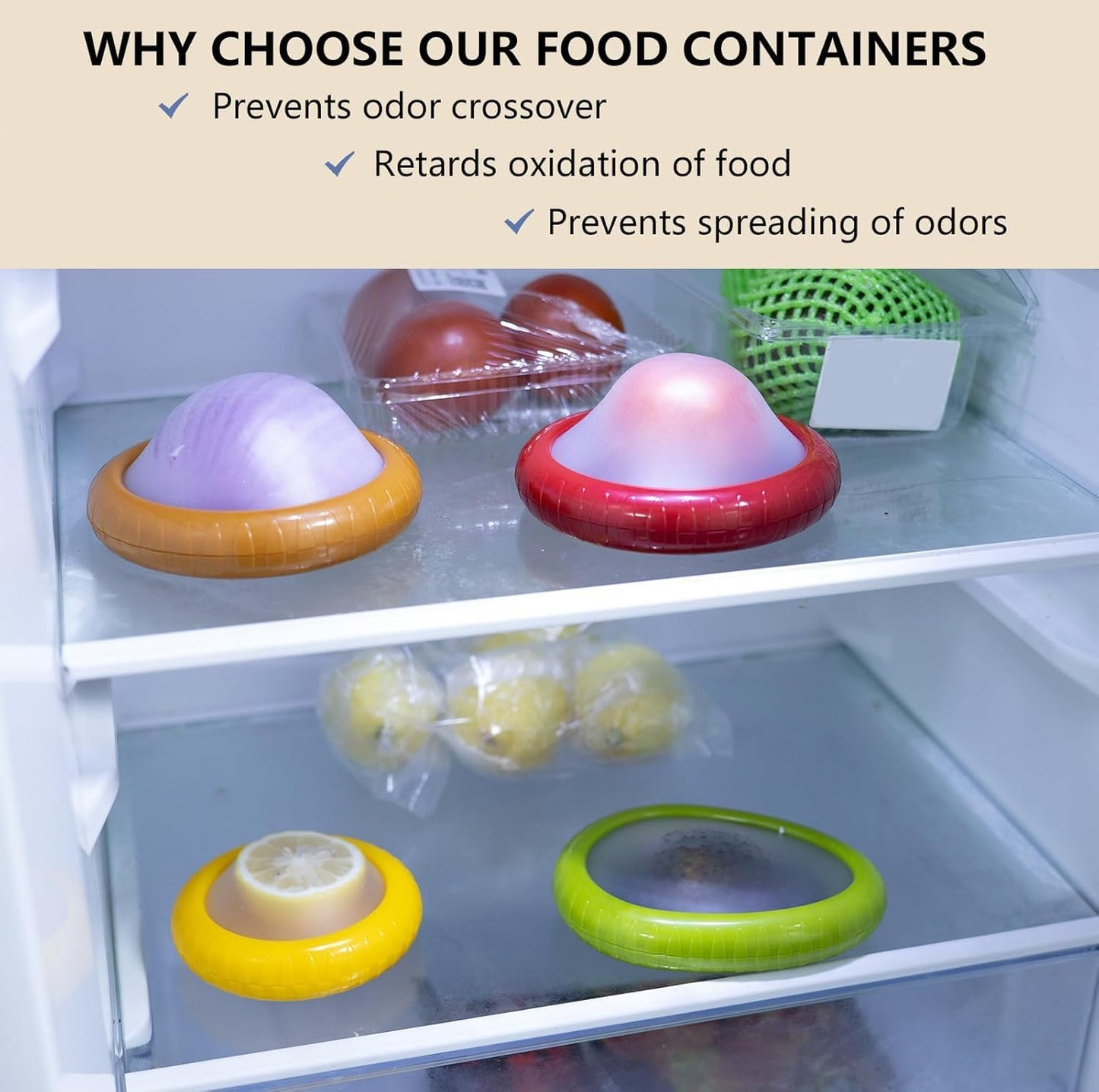 4Pcs Silicone Food Storage Containers with Bonus Knife - Reusable for Avocado, Onion,Tomato & Limon.