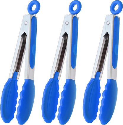 HINMAY Mini Tongs with Silicone Tips 7-Inch Serving Tongs, Set of 3 (Red Blue Green)