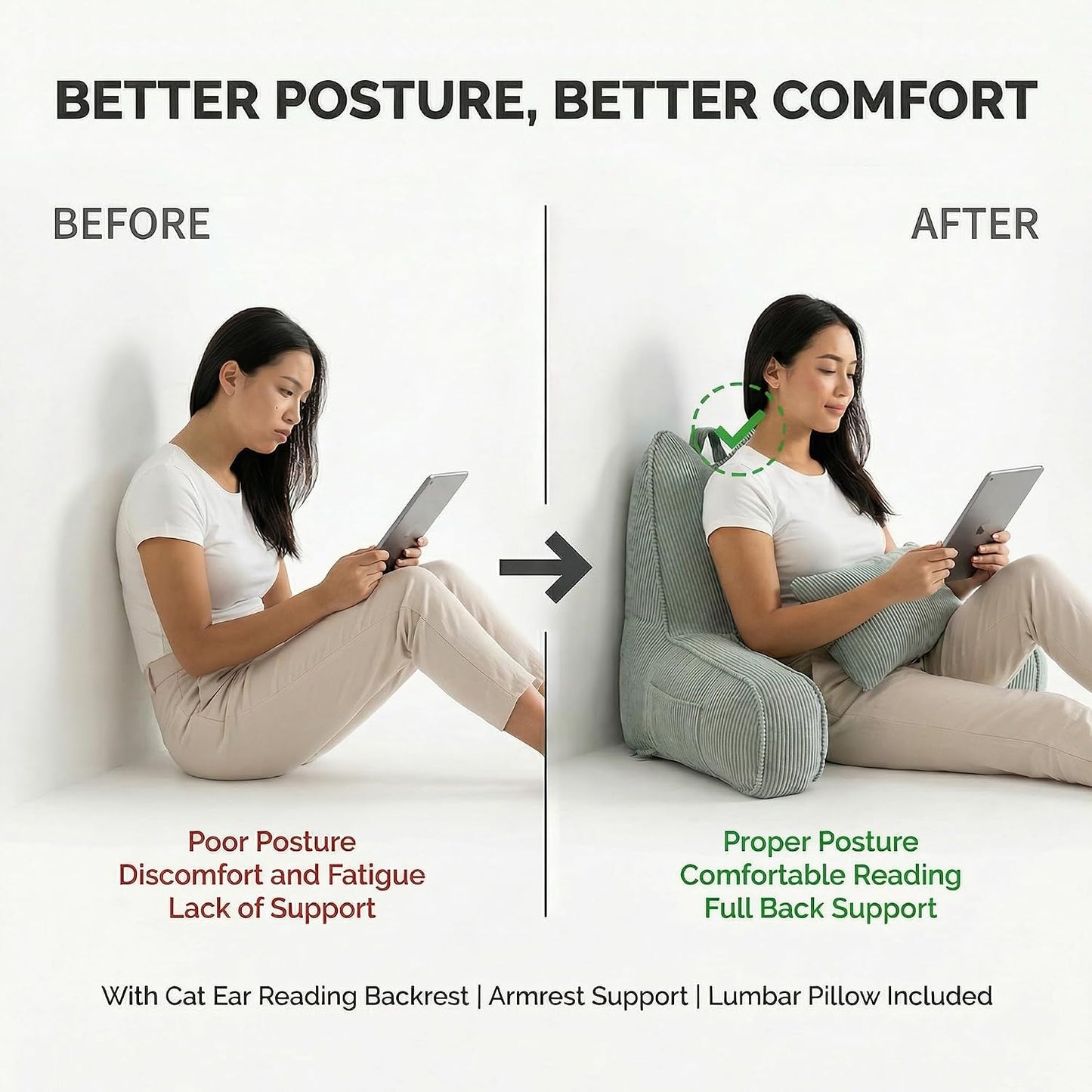 Patented Design Reading Pillow with Arms for Sitting Up, 2-in-1 Bed Rest Pillow with Detachable Lumbar Support, Backrest Support Cushion for Couch with Side Pockets & Handle, Beige Gray