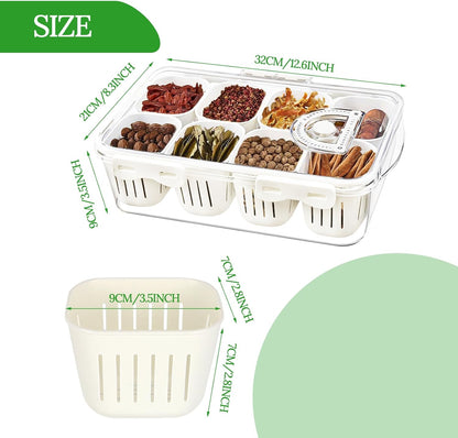 Fruit Storage Containers for Fridge with Lid and Handle, Veggie Tray Bins | Portable Fresh Produce Saver, Food Storage Container with 4 Removable Strainers,Salad Bar for Berry, Vegetable, Refrigerator
