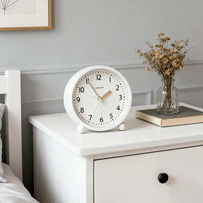 Analog Alarm Clock, Non-Ticking Silent Travel Small Clock, Battery Operated with On-Demand Light, Easy Set Gentle Wake, Ideal Decor for Bedroom, Bedside, Desk,Office(White)