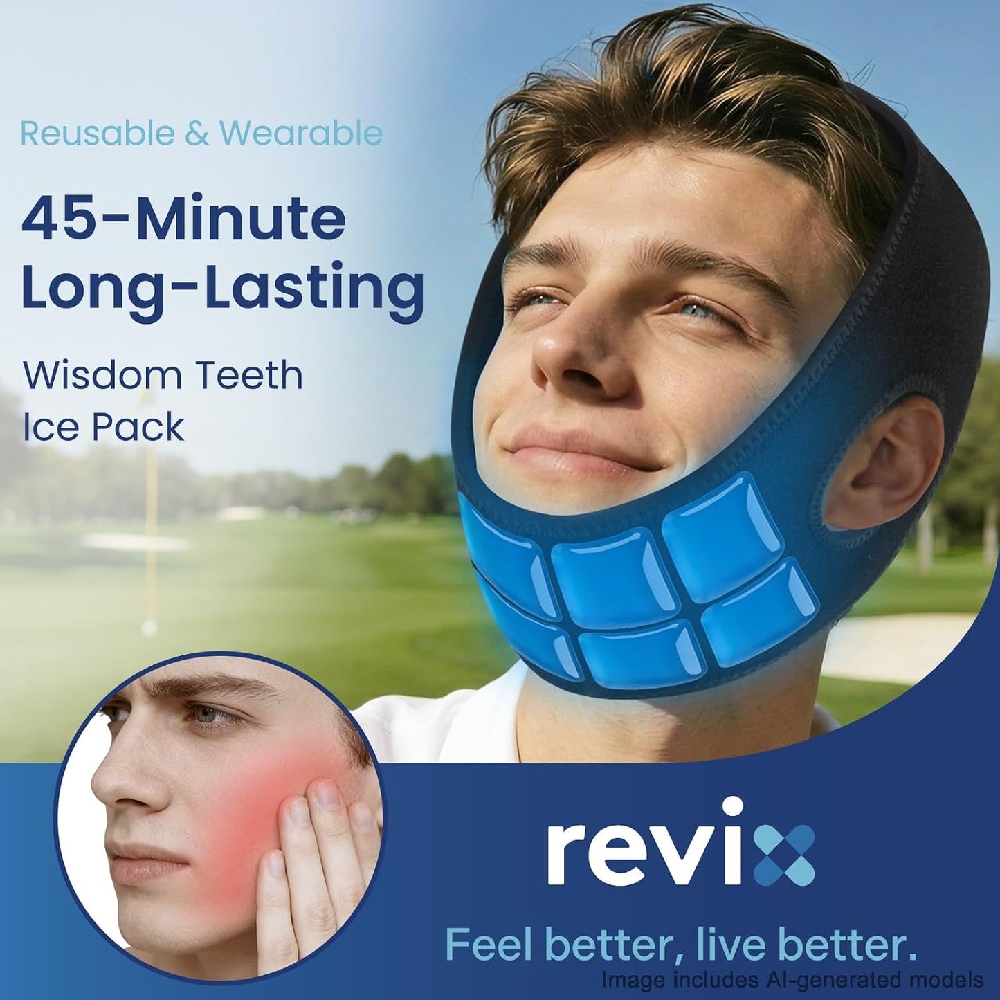 REVIX Wisdom Teeth Ice Pack Head Wrap for Face, Jaw & Chin Relief, Black | For Oral Surgery, Tooth Extraction, TMJ & Teeth Removed, 4 Reusable Hot & Cold Gel Packs, 3D Snug Fit