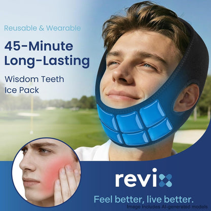 REVIX Wisdom Teeth Ice Pack Head Wrap for Face, Jaw & Chin Relief, Black | For Oral Surgery, Tooth Extraction, TMJ & Teeth Removed, 4 Reusable Hot & Cold Gel Packs, 3D Snug Fit