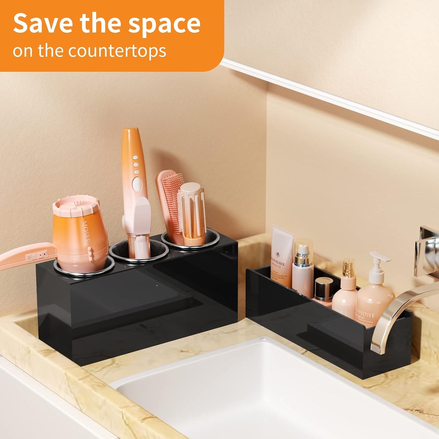 NIUBEE Acrylic Hair Tool Organizer,Hair Blow Dryer Holder with 3 Cups,White | Acrylic Hot Tools Organizer,Hair Organizer Storage Countertop,Blow Dryer Holder for Curling Iron,Brush, Straightener,Bathroom