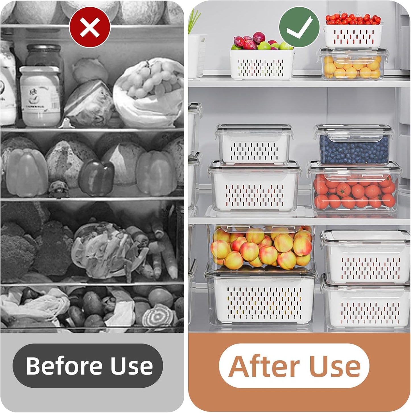 KEMETHY 10 Pack Fruit Storage Containers for Fridge with Removable Colanders - Food Storage Containers with Lids, BPA-Free Produce Containers Keep Fruits, Vegetables, Berry, Meat Fresh Longer