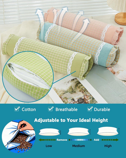 Buckwheat Cervical Pillow for Sleeping, Adjustable Roll Pillow for Neck Relief with Washable Pillowcase, Round Cylinder Bolster for Firm Support, 16x4 inch (Khaki)