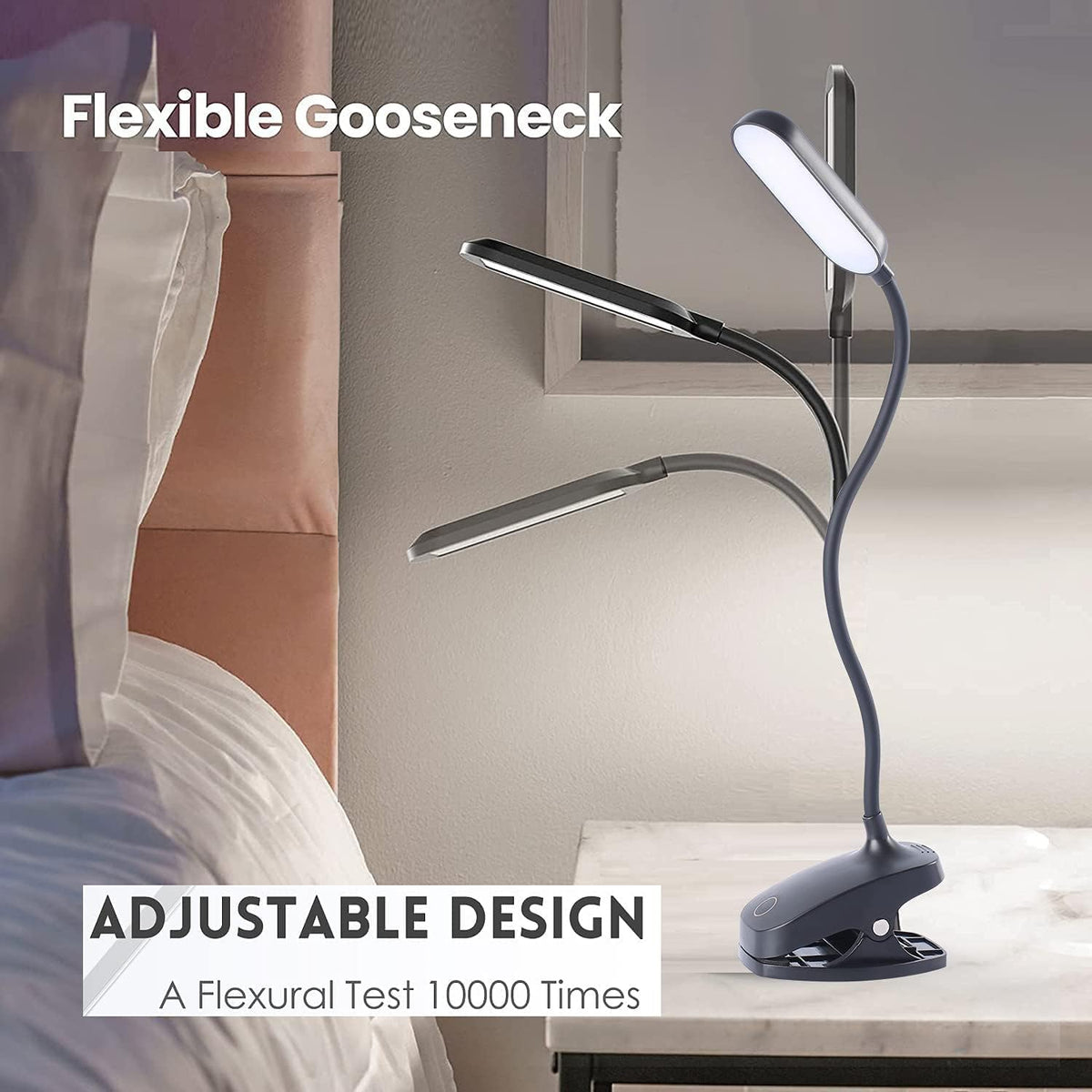 COLORLIFE Desk Lamp Clip On Light-7W 2600mAH Flexible Gooseneck Battery Operated Rechargeable Reading Lamp with Clamp & Stepless Brightness for Desk,Piano,Bed Headboard and Computers