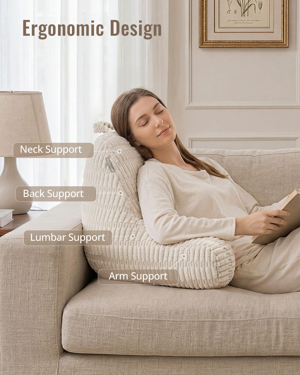 Blissful Diary Reading Pillow, Backrest Pillow with Shredded Memory Foam for Adult & Children, Designed for Bed and Couch Sitting Up, Includes Arms, Pockets and Washable Cover, Off White