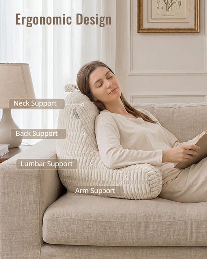 Blissful Diary Reading Pillow, Backrest Pillow with Shredded Memory Foam for Adult & Children, Designed for Bed and Couch Sitting Up, Includes Arms, Pockets and Washable Cover, Off White