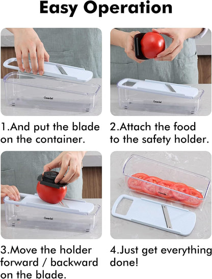 Geedel Professional Mandoline Slicer for Kitchen, Multi Purpose Vegetable Slicer Cutter, Vegetable Cutter Onion Cutter for Veggie Fruit Cheese | Slice, Shred & Julienne, Sharp Stainless Steel Blades, Dishwasher Safe, No BPA, Safety Hand Guard, For