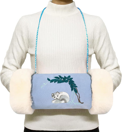 Faux Fur Hand Muffs, Portable Hand Warmer Pouch with Zipped Pocket Strap for Cold Weather, Cute Blue Embroidery Pattern Hand Muffler for Women Girls