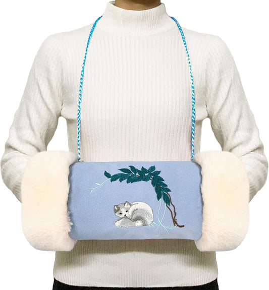 Faux Fur Hand Muffs, Portable Hand Warmer Pouch with Zipped Pocket Strap for Cold Weather, Cute Blue Embroidery Pattern Hand Muffler for Women Girls