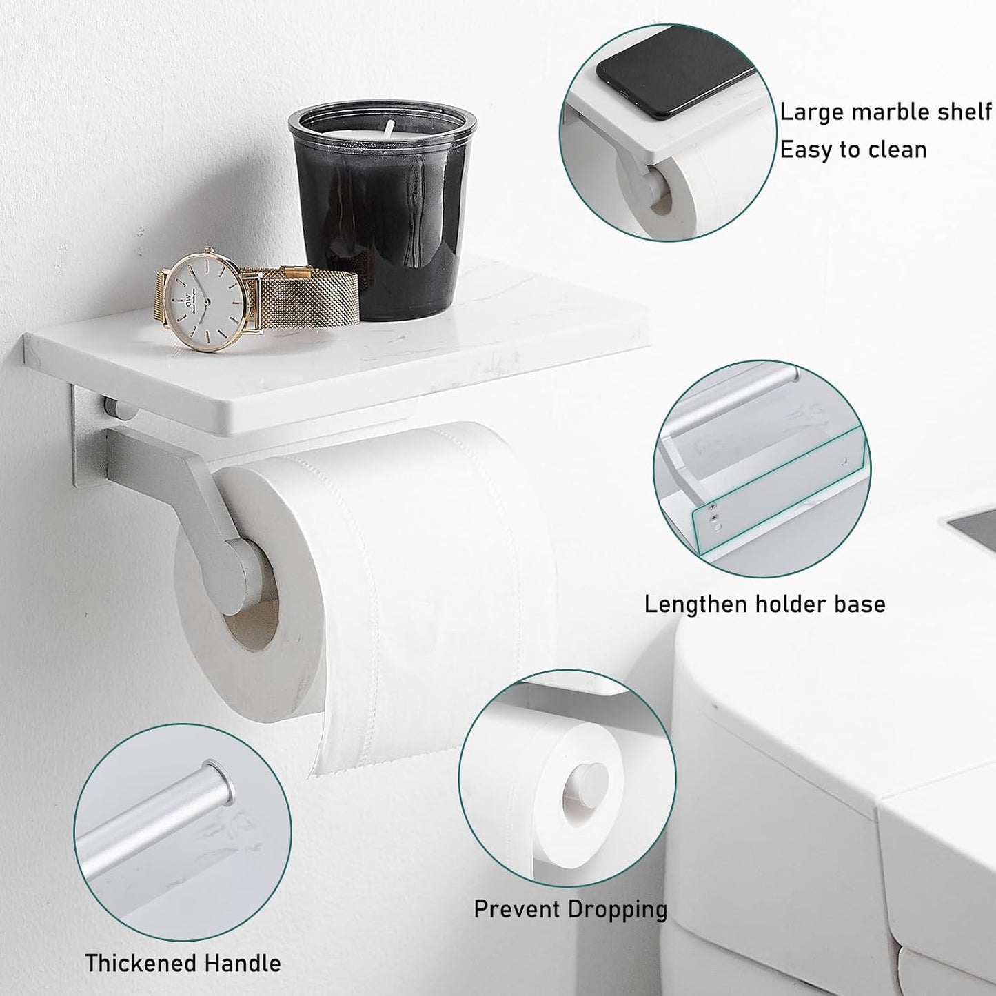Hoimpro Toilet Paper Holder Wall Mounted, Marble Tissue Roll Rack | Brushed Gold | White Natural Marble Shelf Hand Paper Roll Holder, for Bathroom Kitchen Washroom Bedroom Aluminum