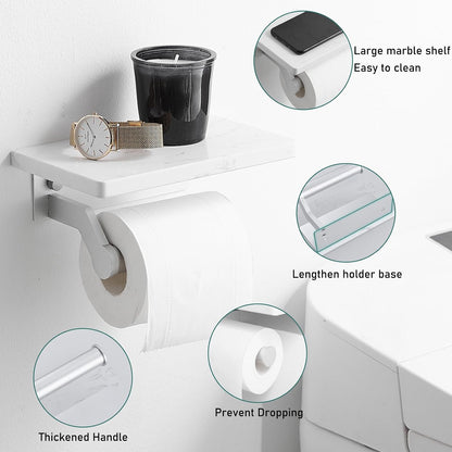 Hoimpro Toilet Paper Holder Wall Mounted, Marble Tissue Roll Rack | Brushed Gold | White Natural Marble Shelf Hand Paper Roll Holder, for Bathroom Kitchen Washroom Bedroom Aluminum