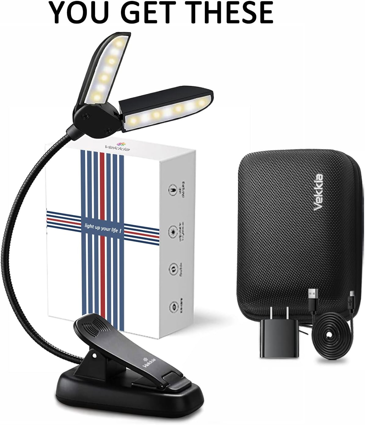 Vekkia 14 LED Rechargeable Book Light for Reading at Night | Eye-Care Reading Light for Books in Bed/180° Adjustable, Clip on Lamp/3 Color Temperatures, Lightweight