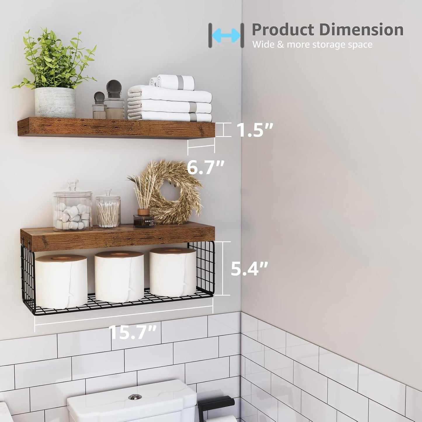 QEEIG Bathroom Shelves Over Toilet - Wall Mounted Floating Shelves Toilet Paper Storage Small Farmhouse Decor Shelf 16 inch Set of 3, Rustic Brown (019-BN3)