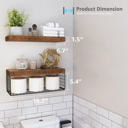 QEEIG Bathroom Shelves Over Toilet - Wall Mounted Floating Shelves Toilet Paper Storage Small Farmhouse Decor Shelf 16 inch Set of 3, Rustic Brown (019-BN3)
