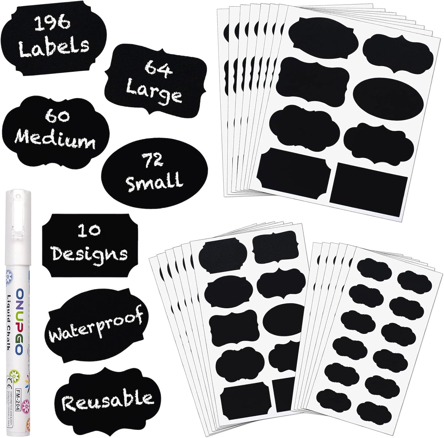 ONUPGO Chalkboard Labels Stickers Bulk - 196 Reusable Chalk Sticker Labels with Erasable Chalk Maker, Removable Waterproof Blackboard Labels for Containers, Glass, Mason Jar Labels | Removable, Waterproof, Reusable Chalk Labels, For Storage Bins & Food