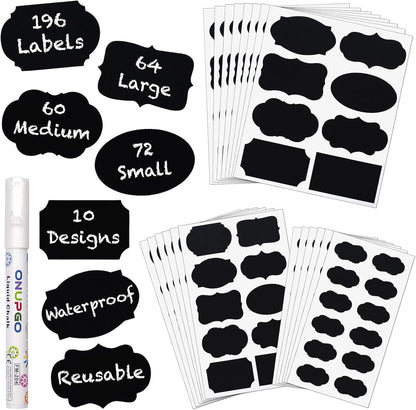 ONUPGO Chalkboard Labels Stickers Bulk - 196 Reusable Chalk Sticker Labels with Erasable Chalk Maker, Removable Waterproof Blackboard Labels for Containers, Glass, Mason Jar Labels | Removable, Waterproof, Reusable Chalk Labels, For Storage Bins & Food