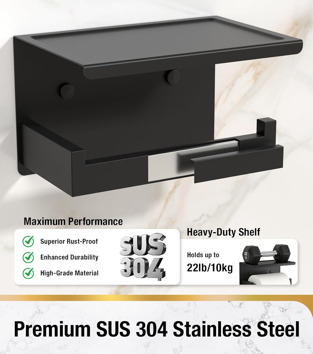 HITSLAM Toilet Paper Holder Matte Black, Adhesive Wall Mount, No Rotation | Heavy Duty Metal | anti rotation slot | vertical or horizontal setup |rustproof matte black finish|Bathroom Tissue Dispenser