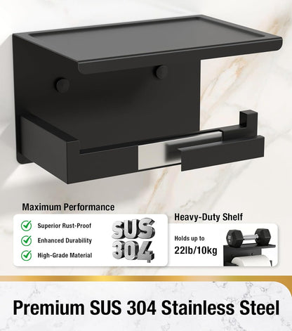 HITSLAM Toilet Paper Holder Matte Black, Adhesive Wall Mount, No Rotation | Heavy Duty Metal | anti rotation slot | vertical or horizontal setup |rustproof matte black finish|Bathroom Tissue Dispenser