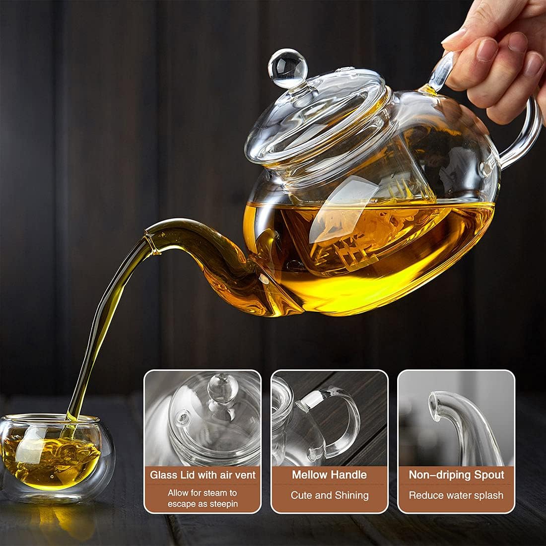 DOPUDO Glass Teapot with Removable Clear Infuser, 27 oz/ 800 ml Stove Top & Microwave Safe Borosilicate Glass Kettle with Loose Leaf Tea Strainer For Flower Blooming Tea