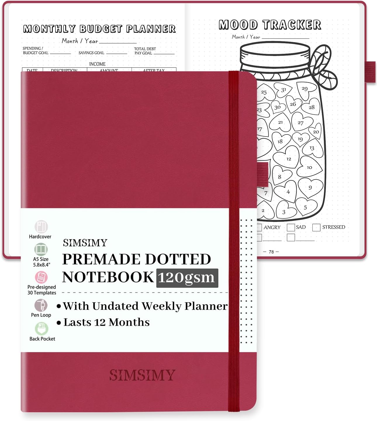 Premade Dotted Journal Notebook with Bullet Templates, Pre-made Dot Grid Journaling with Undated Weekly & Monthly Planner, Various Trackers - 12 Month Organization, A5 Hardcover