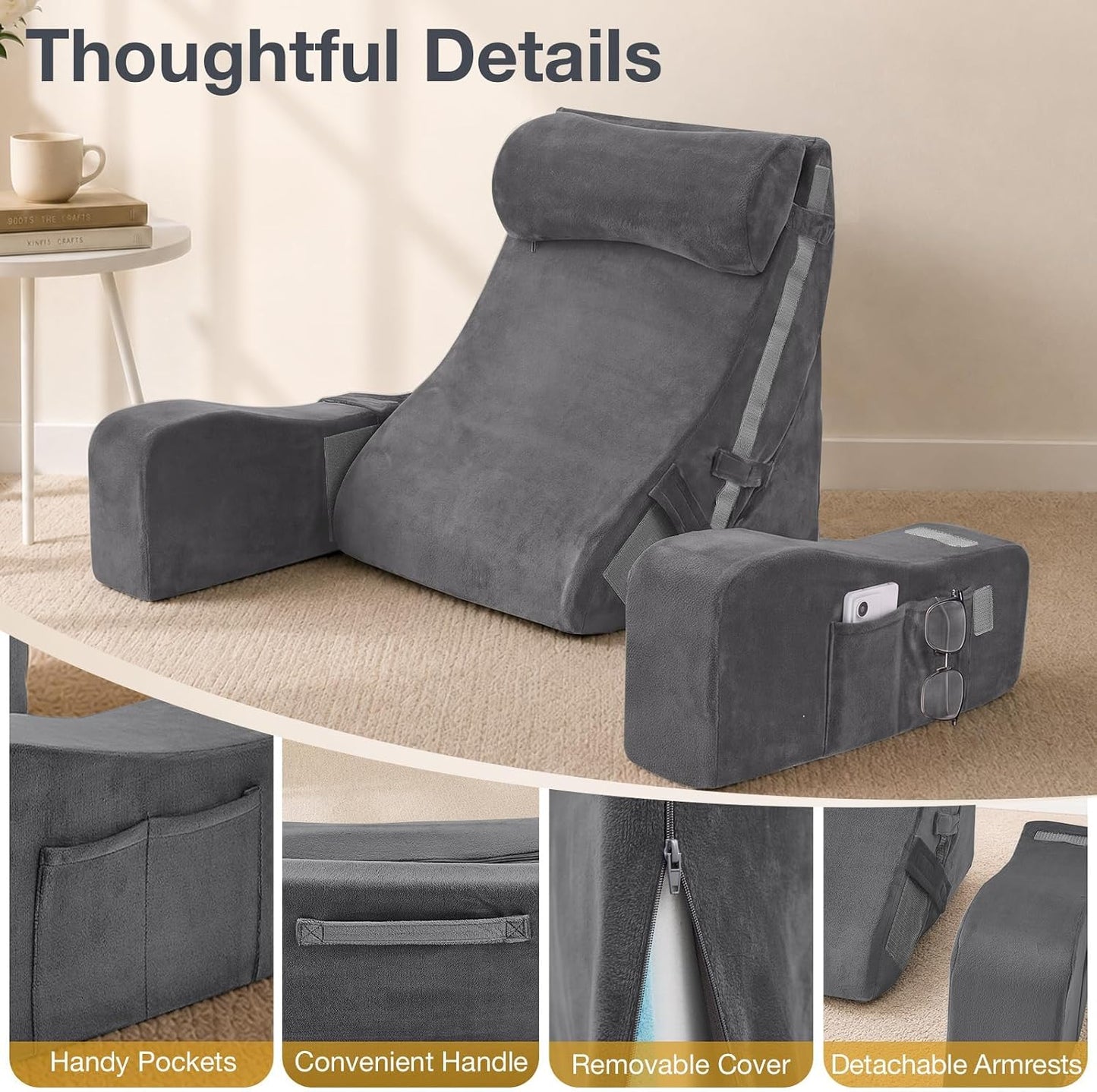 Sasttie 15-25 inch Adjustable Reading Pillow with Armrests, Dark Grey | Back Rest Pillow with Secure Side Straps, Memory Foam Back Support Cushion Bed Chair for Reading, Gaming & Relaxing