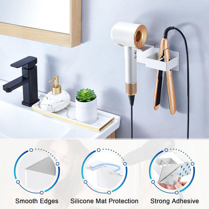 Hair Dryer Holder Wall Mounted, Hair Straightener Holder Metal, Adhesive Blow Dryer and Hair Straightener Holder, Bathroom Bedroom Hair Tool Organizer for Flat Iron,Curling Iron,Hairdryer (White)