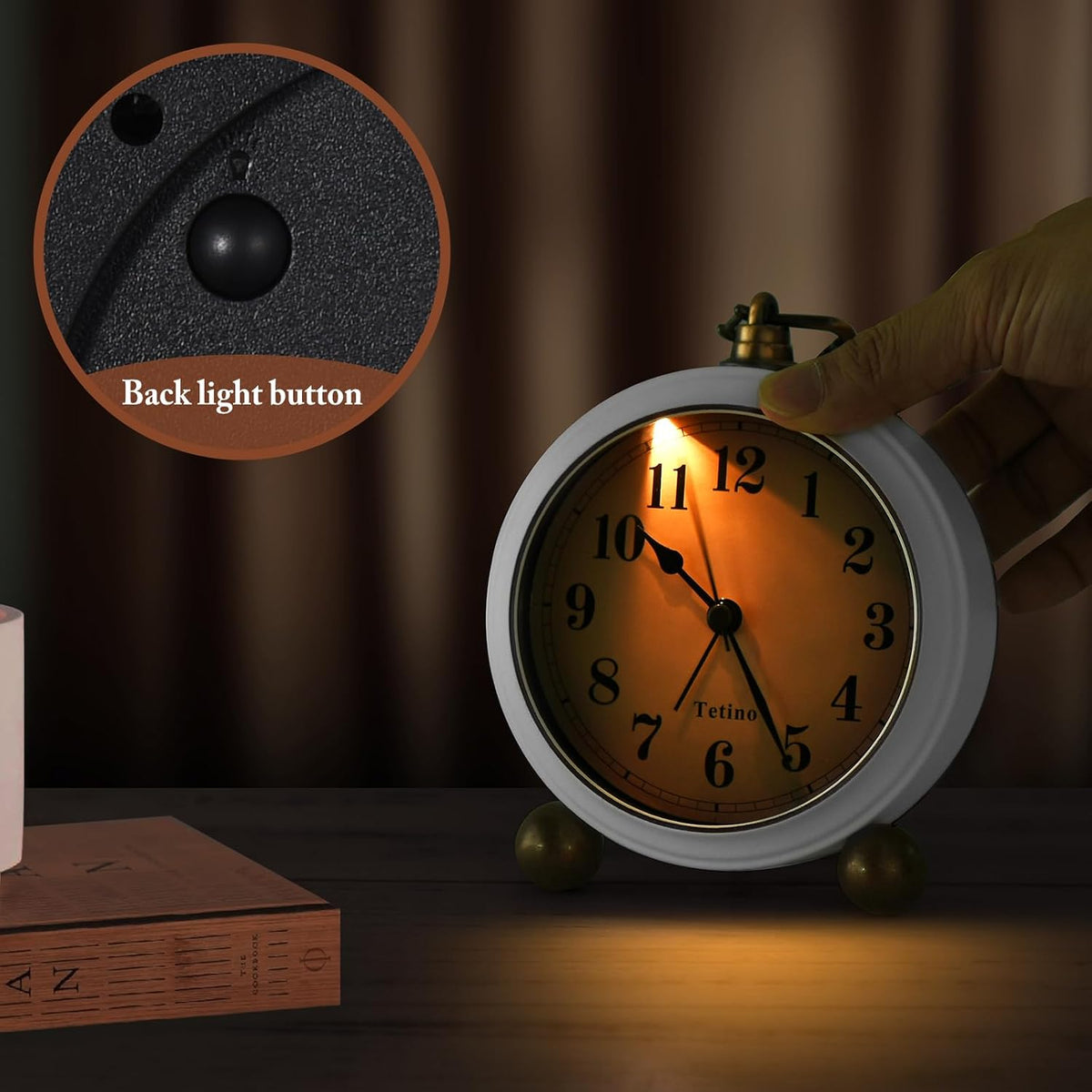 Tetino Analog Alarm Clock,Battery Powered Desk Clocks with Night Light,Silent Non Ticking,Retro Simply Design Alarm Clocks for Living Room, Bedroom, Bedside,Dormitory,Decor,Gift (White)