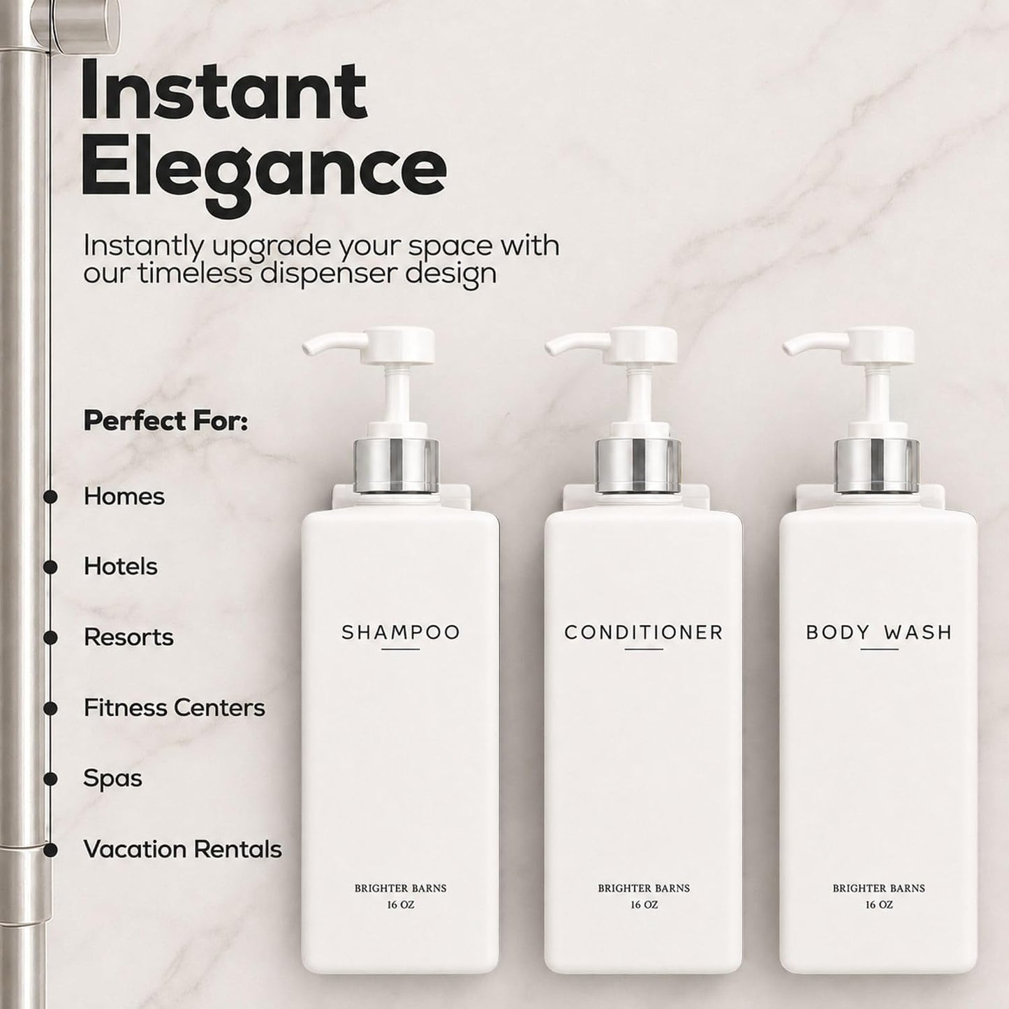 Clear Shampoo and Conditioner Dispenser Set Wall Mounted by Brighter Barns - Refillable Shower Soap Dispensers 3 Chamber No Drill - Plastic Shampoo, Body Wash and Conditioner Bottle for Hotels (Clear)