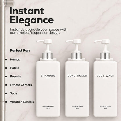 Clear Shampoo and Conditioner Dispenser Set Wall Mounted by Brighter Barns - Refillable Shower Soap Dispensers 3 Chamber No Drill - Plastic Shampoo, Body Wash and Conditioner Bottle for Hotels (Clear)