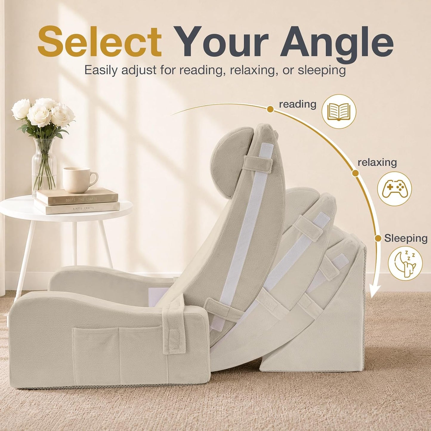 Sasttie 15-25 inch Adjustable Reading Pillow with Armrests, Dark Grey | Back Rest Pillow with Secure Side Straps, Memory Foam Back Support Cushion Bed Chair for Reading, Gaming & Relaxing