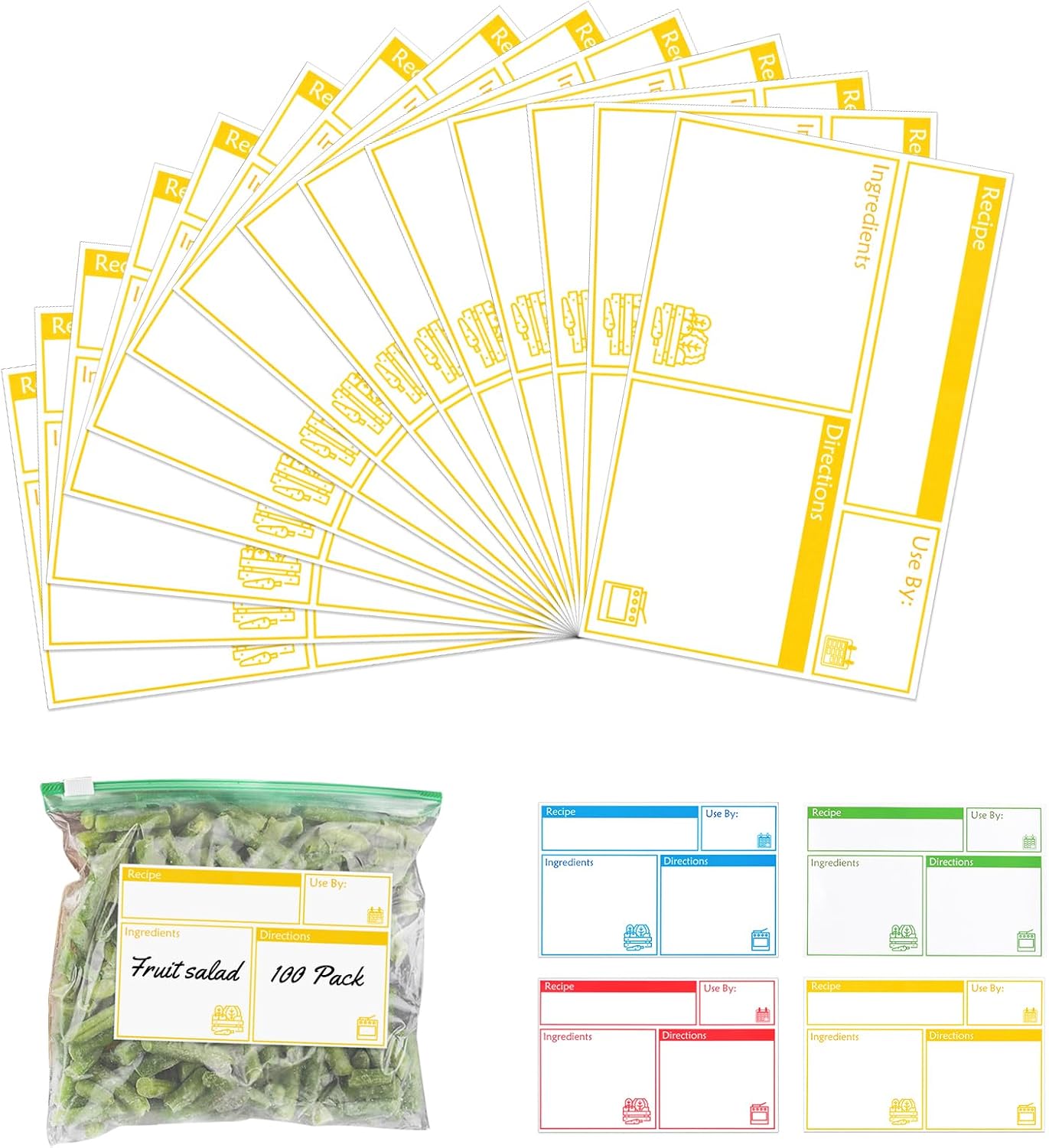 100pcs Labels for Freezer Bags Freezer Meal Labels with Instructions 3.2 X 5 inch Oil and Water Resistant Labels Food Labels for Freezer Storage for Leftovers in Fridge Removable Freezer (Blue)
