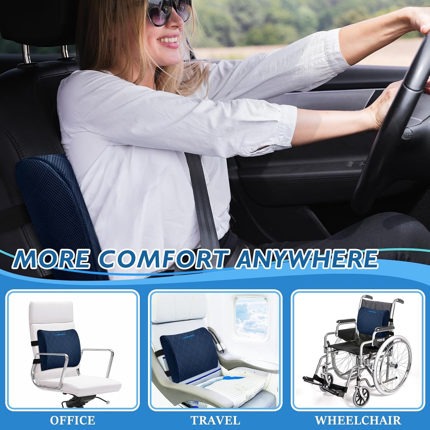 Lumbar Support Pillow for Office Chair, Back Support, Memory Foam, Grey | Improve Sitting Posture & Back Pain Relief. Lumbar Pillow Fits Office, Gaming & Car Chairs with Adjustable Dual Straps