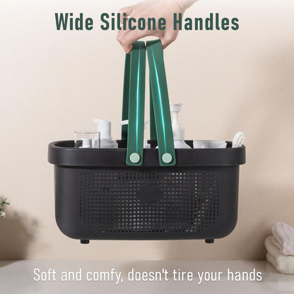 JiatuA Plastic Storage Basket with Handle Portable Shower Caddy Tote Organizer Basket Bin for Bathroom Kitchen Dorm Room Bedroom, Green | Sturdy Drainage Large Capacity Organizer Basket with Silicone Handles for Bathroom Kitchen Bedroom College Dorm
