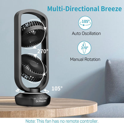 DR.PREPARE Small Tower Fan Oscillating Table Fans with 270° Tilt, 105° Oscillating, 3 Speeds and 3 Auto-Off Timer, Portable USB Powered Desk Fan for Bedroom Office Home Desk, Powerful Airflow 15 Inch