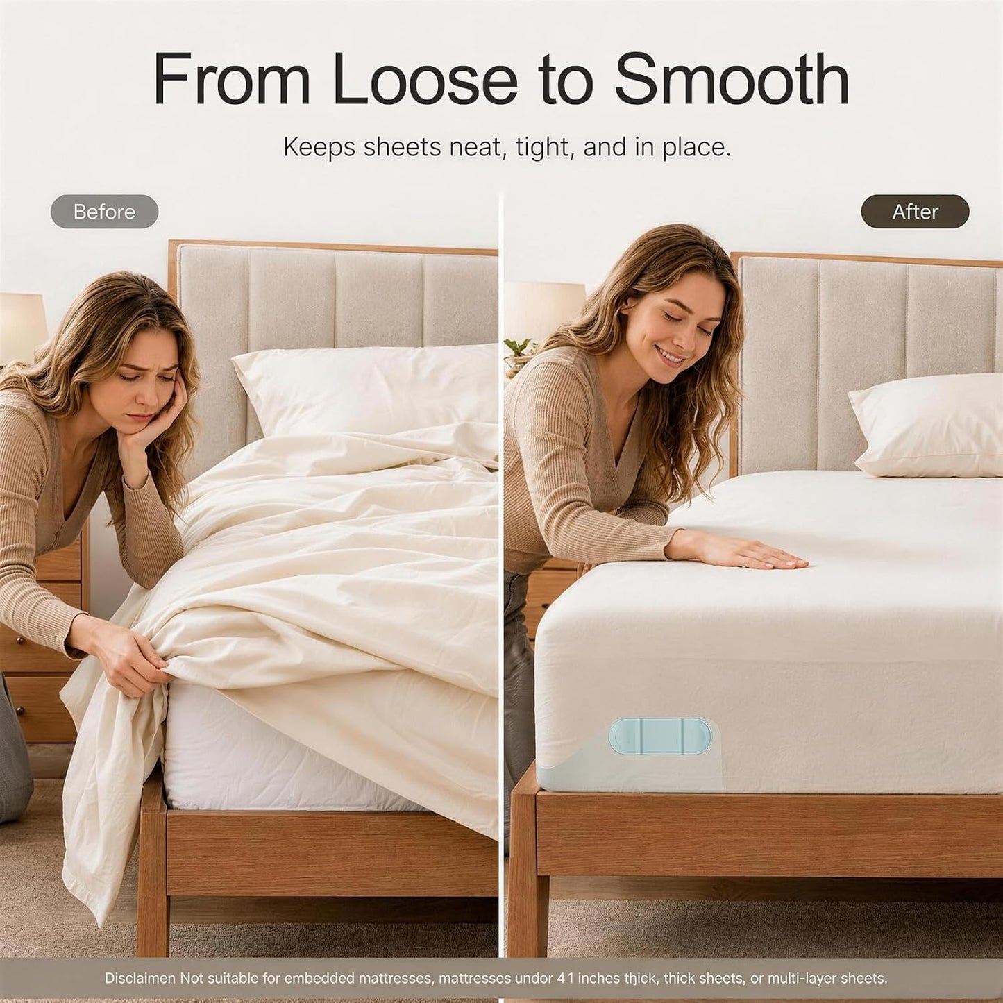 B-Land Bed Sheet Holders for Corners:4 Pack Non-Stretch External Clips- Fitted Sheet Grippers for Deep Pockets- No-Lift for Dorm & RV Beds, Keep Sheets Tight on Memory Foam & Twin-King (White+Grey)