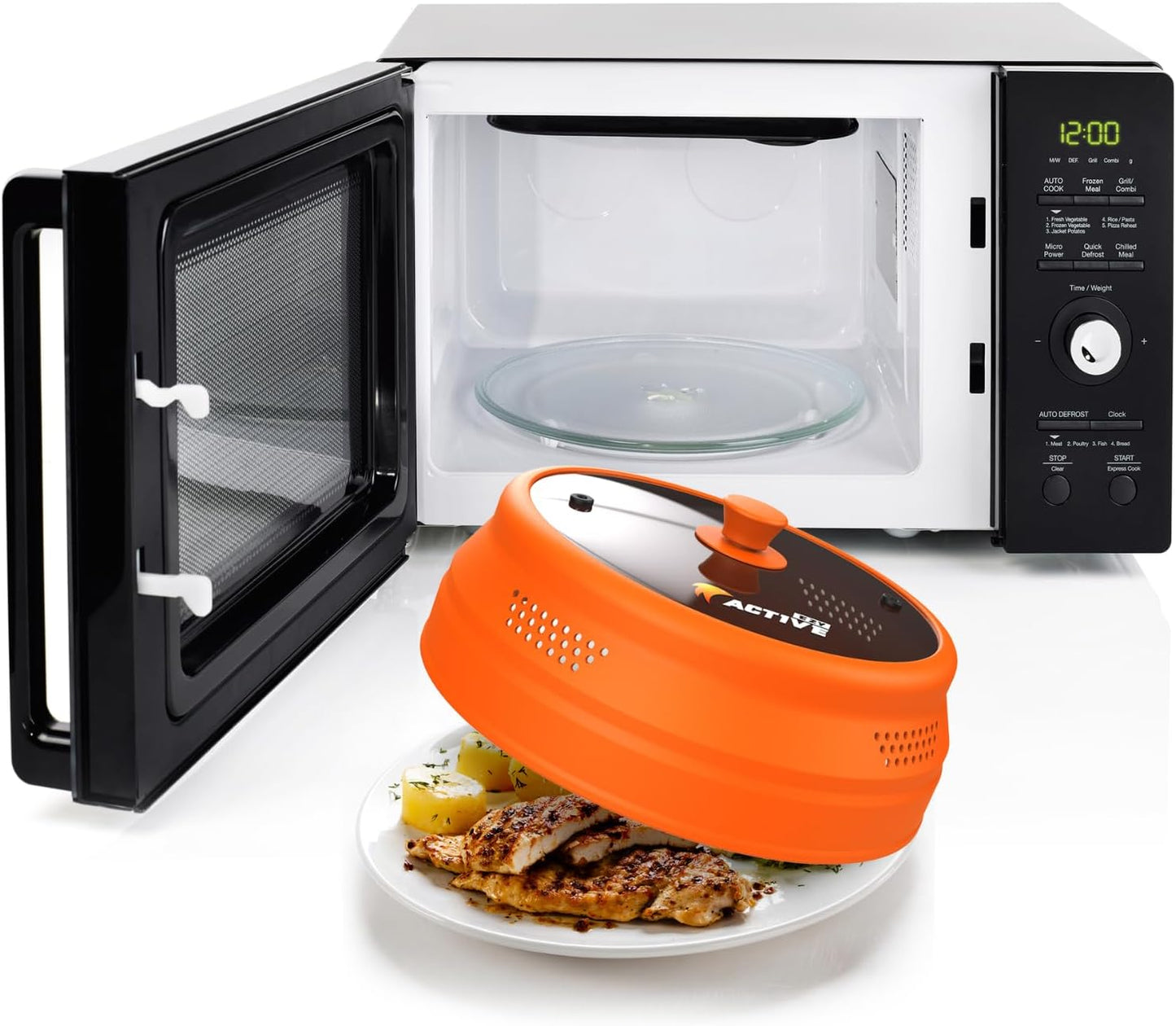 Collapsible Microwave Cover for Food - Silicone and Glass Splatter Guard Lid for 6-12 inch Plates & Bowls, Dishwasher Safe, Heat Resistant, BPA-Free, Black