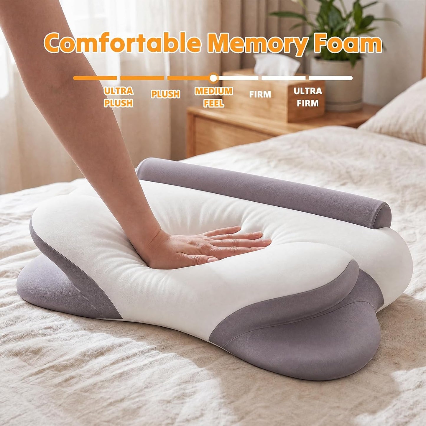 NEWBULIG Cervical Neck Pillow, Ergonomic Contour Memory Foam and Detachable Roll Pillow for Neck Pain Relief Side Back Stomach Sleepers with Cooling Breathable Cover
