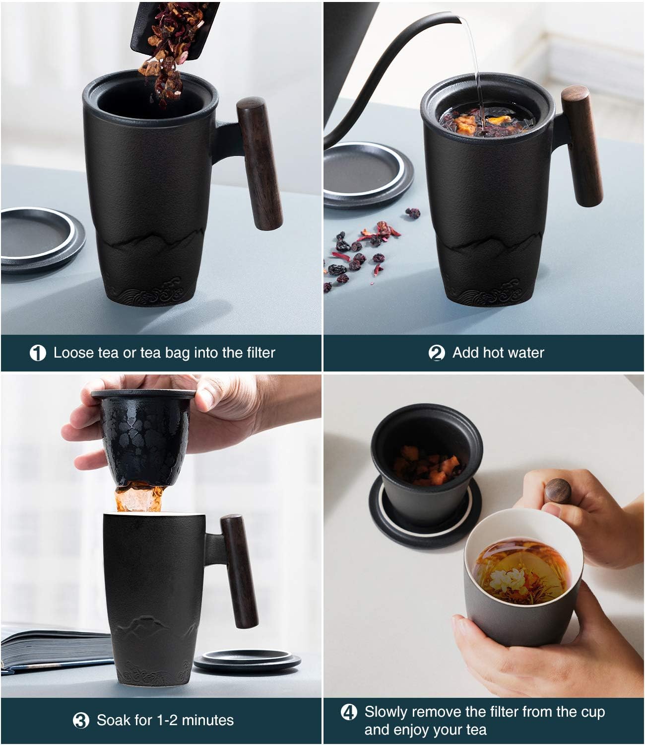 suyika Ceramic Tea Cup with Infuser and Lid Tea Mugs Wooden Handle 400ml/13.5oz Dark Green