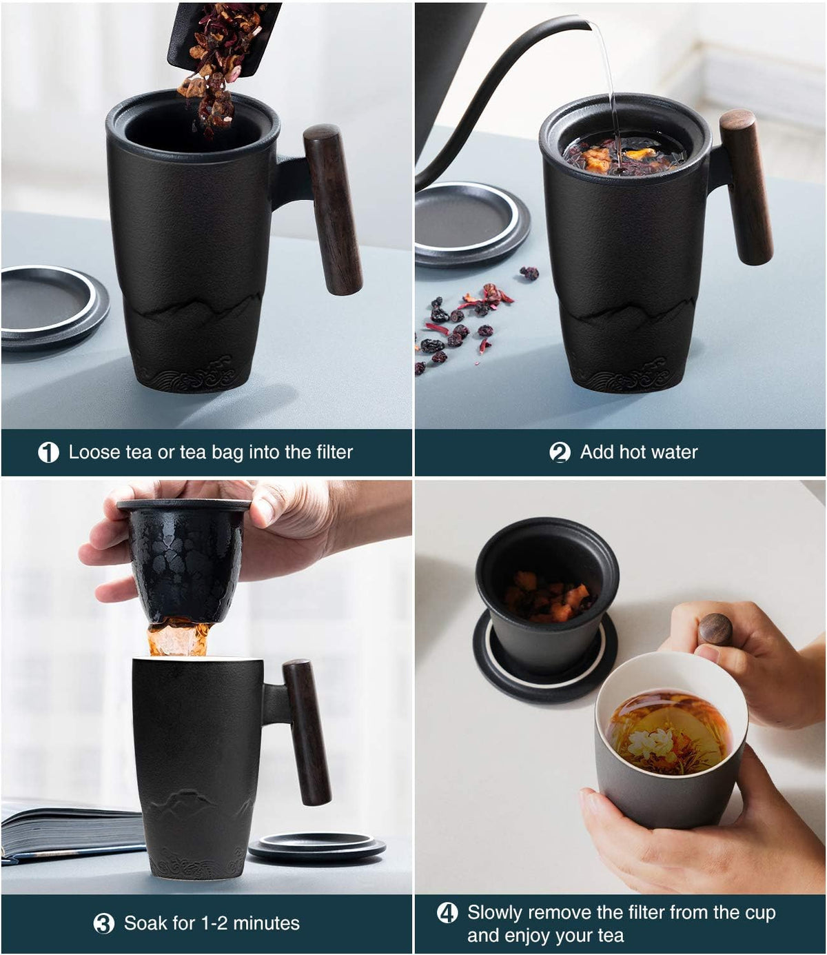 suyika Ceramic Tea Cup with Infuser and Lid Tea Mugs Wooden Handle 400ml/13.5oz Dark Green